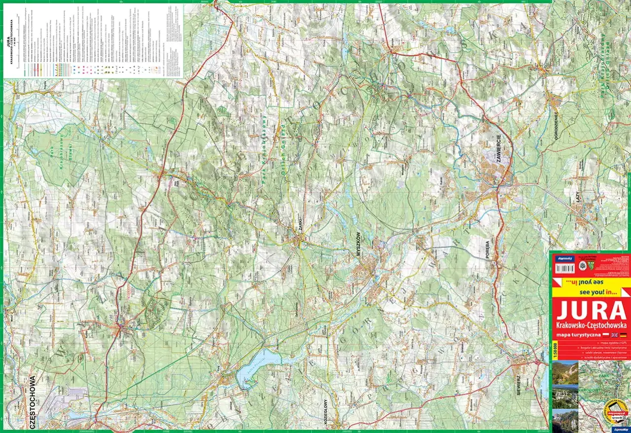 Mapa turystyczna Jury Krakowsko-Częstochowskiej, idealna do planowania podróży samochodem. Pokazuje drogi, miasta i atrakcje.